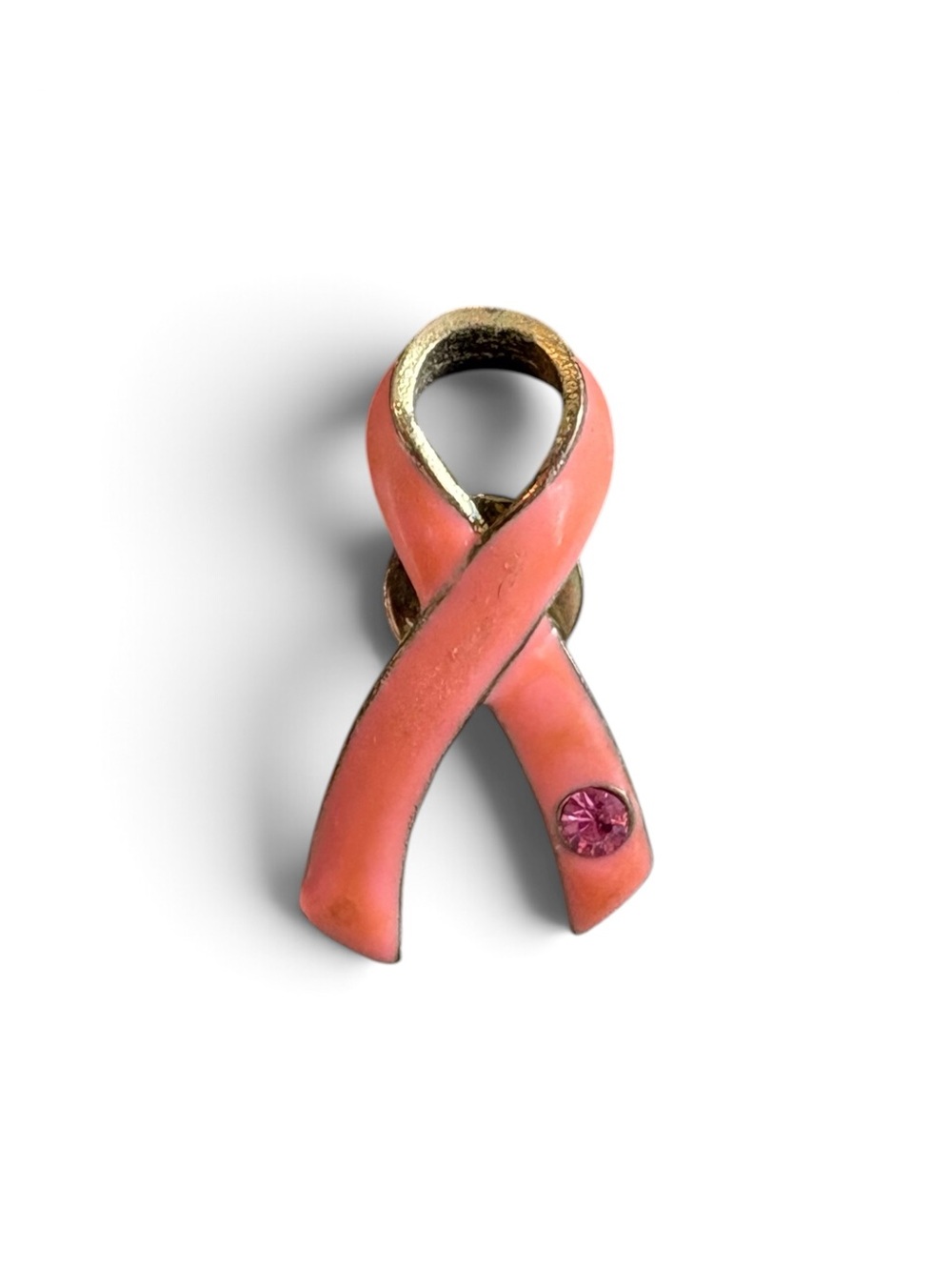Pink Breast Cancer Awareness Ribbon Enamel Lapel Pin Rhinestone Gold Tone